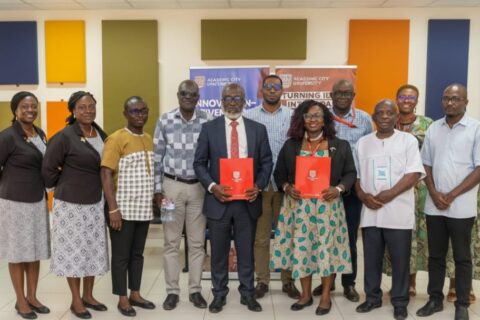 Ing. Dr. Lucy Agyepong and Prof. Samuel Boakye Dampare, DG of GAEC, with representatives from ACity and GAEC after the MoU signing