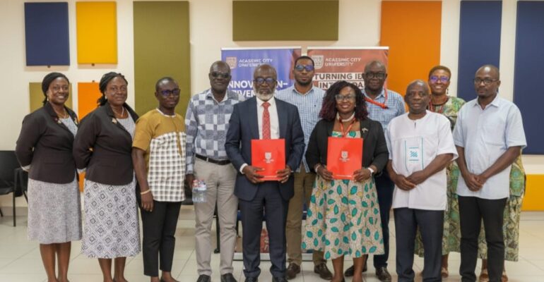 Ing. Dr. Lucy Agyepong and Prof. Samuel Boakye Dampare, DG of GAEC, with representatives from ACity and GAEC after the MoU signing